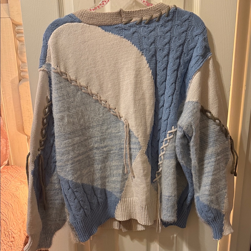 POL Patchwork Cable-Trim Cardigan - Blue, Cream &… - image 5